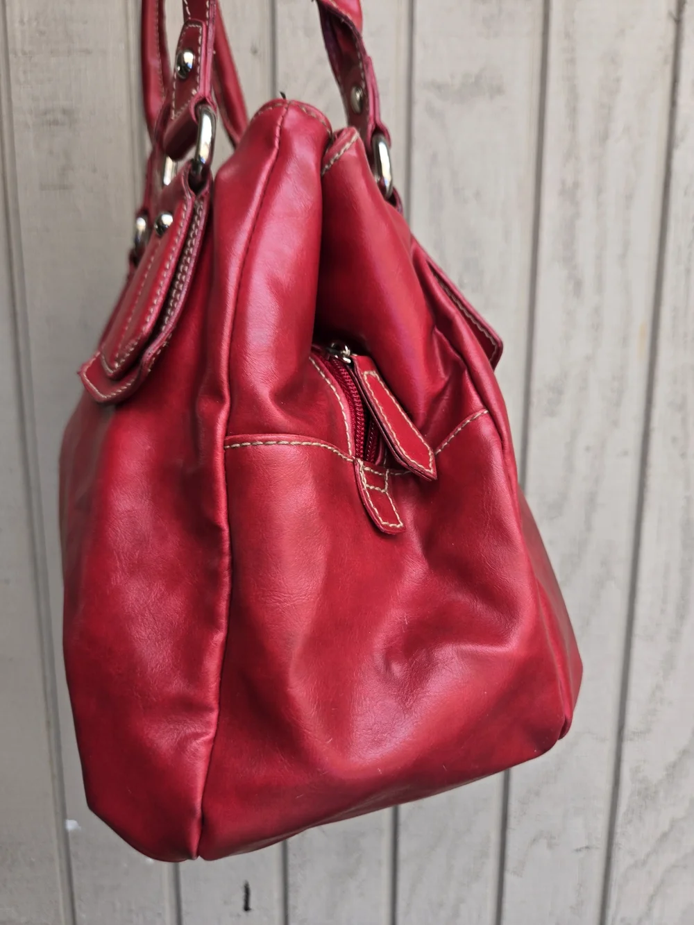 Vintage Red Women's Satchel Handbag with Silver Lock Detail
